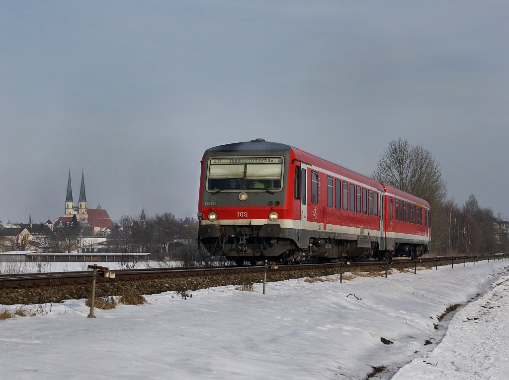 Der 628 593 am 17.02.2010 als RB nach Mhldorf unterwegs bei Alttting.
