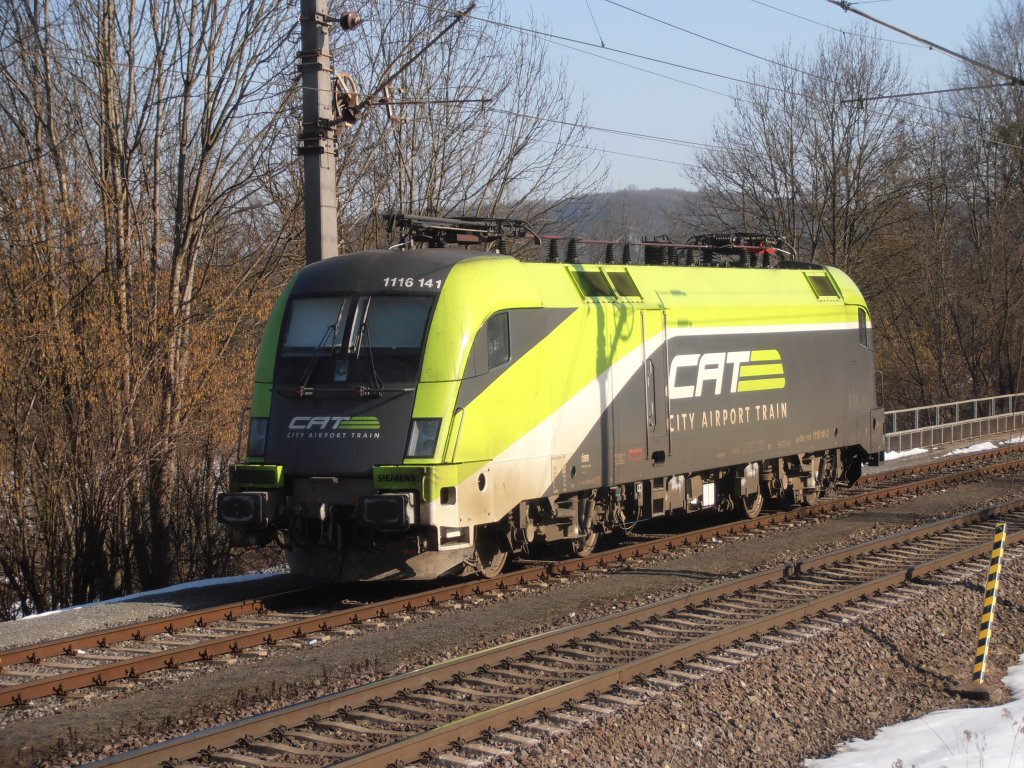 Die beiden 1116, die das ansprechende CAT-Design des Wiener City-Airport-Train tragen, fahren seit einiger Zeit auch andere Einstze. Am 03.03.2013 stand diese schne Lok 1116.141 an der sterr.-slowenischen Grenze in Spielfeld.
