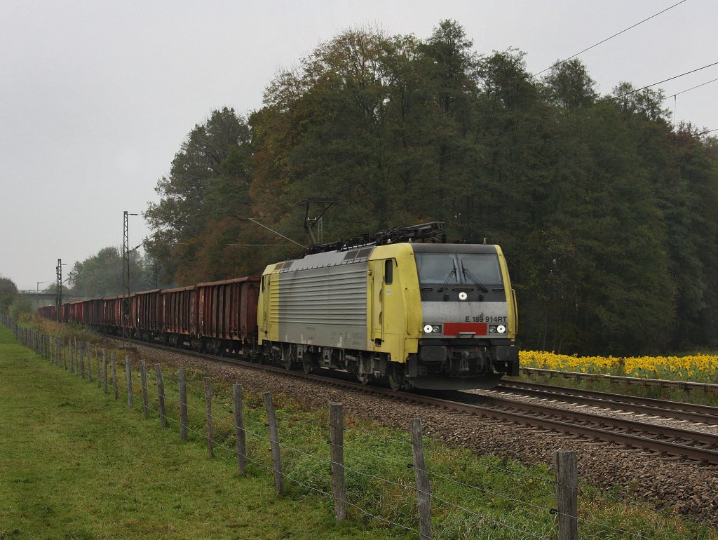 Die ES 64 F4-014 am 14.10.2010 mit einem Stahlschrottzug unterwegs bei Grokarolinenfeld. (B Vogl) 
