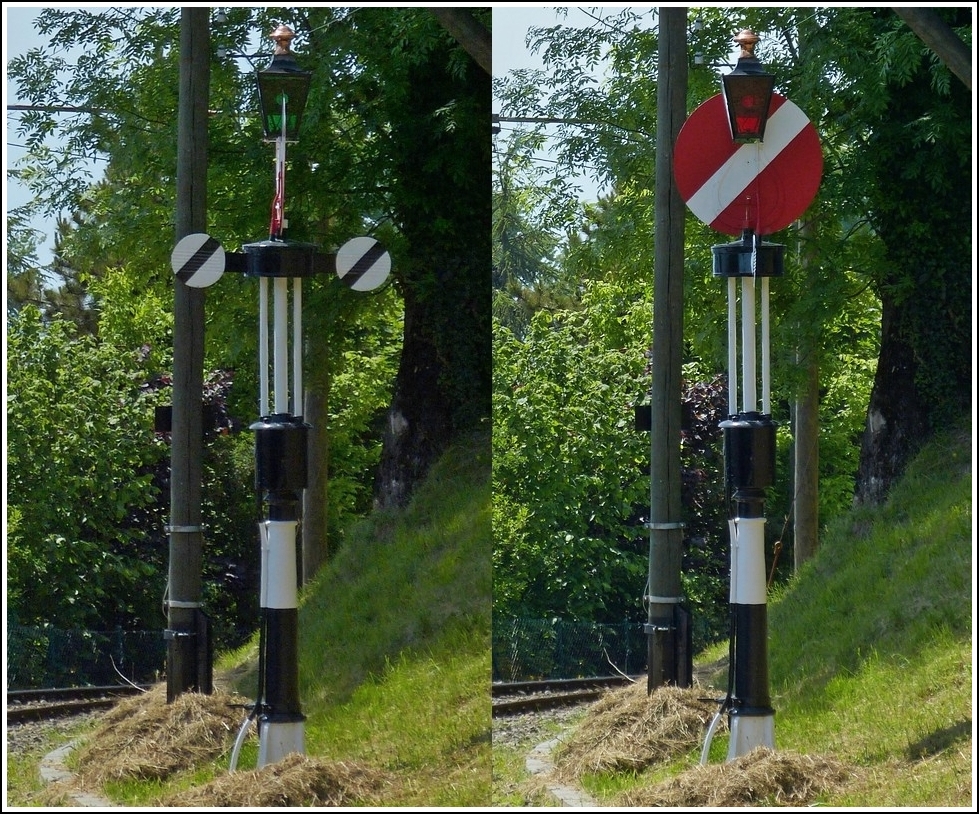 Die hippsche Wendescheibe, auch Hipp'sche Wendescheibe geschrieben, ist ein historisches Eisenbahnsignal. Das automatische und visuelle Signal diente als Vor- und Hauptsignal. Dieser Signaltyp wurde 1862 vom Erfinder und Uhrmacher Matthus Hipp speziell fr die Schweiz entwickelt. Das Signal wurde nach ihm benannt und war lange vor den Flgelsignalen in Gebrauch. Die hippsche Wendescheibe ist auf einem Mast montiert. Sie besitzt eine groe rote Scheibe mit weiem Diagonalbalken und unterhalb, im rechten Winkel dazu angeordnet, zwei kleine weie Scheiben mit schwarzem Diagonalstrich. Die Scheibe ist drehbar und zeigt entweder die rote Tafel, welche  Halt  signalisiert, oder die beiden weien Tafeln, welche  Fahrt frei  anzeigen. Die Rckseite der roten Hauptscheibe ist wei mit einem schwarzen Diagonalstrich. Damit ist das Signal eindeutig einer Fahrtrichtung zugeordnet.  Die zwei kleinen Scheiben gleichen auch die Angriffsflche fr den Wind aus und damit die aufzuwendende Stellkraft. Der Antrieb funktionierte ber ein Gewicht im Signalmast, welches nach ca. 200 Scheibenumdrehungen wieder aufgezogen werden musste. Das Signal wurde mittels einer Batterie elektromagnetisch ausgelst (elektrischer Schwachstromimpuls) und war bei Sturm und im Winter sicherer als die Drahtzge. Nach einem Stromimpuls erfolgte die Drehung der Scheibe immer in eine Richtung, das heit, dass nach der Drehung um 90 Grad beim ffnen des Signals die Scheibe zum Schlieen nicht einfach um 90 Grad zurckgedreht wurde, sondern 270 Grad bis in die Ausgangsstellung in gleicher Drehrichtung weiterlief. Bemerkenswert war auch, dass die hippschen Wendescheiben von Anfang an mit einer elektrischen Rckmeldung der Signalstellung zur auslsenden Station ausgestattet waren. (Quelle: Wikipedia) 27.05.2012 (Hans)
