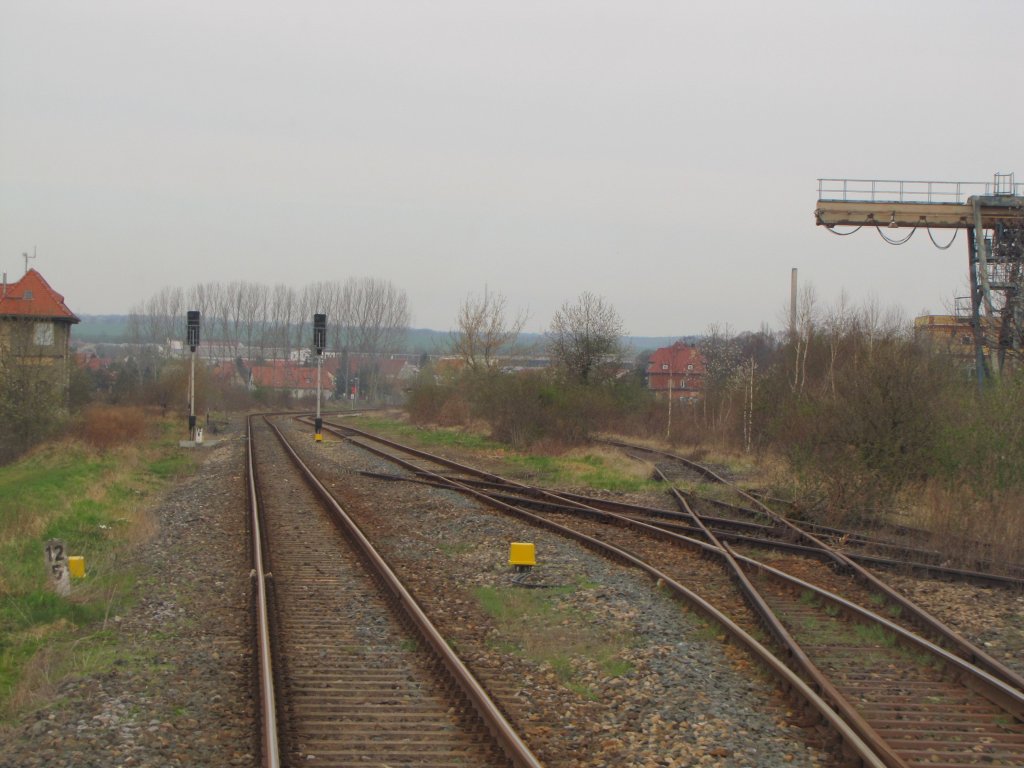 Die Reste der fr�heren Weichenstra�e am Ostkopf vom Bf Laucha; 12.04.2012