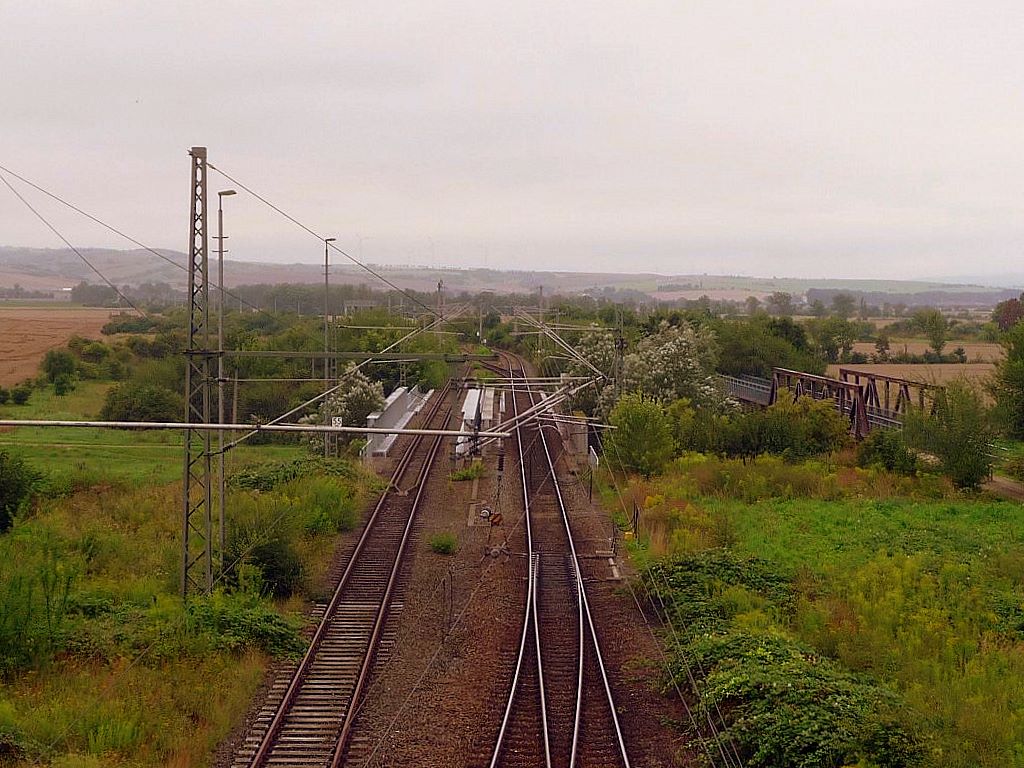 Die Unstrutbahn bei Artern. Rechts das Gleis der Hauptbahn Erfurt-Sangerhausen; 15.08.2010 (Foto: Ralf Kuke)