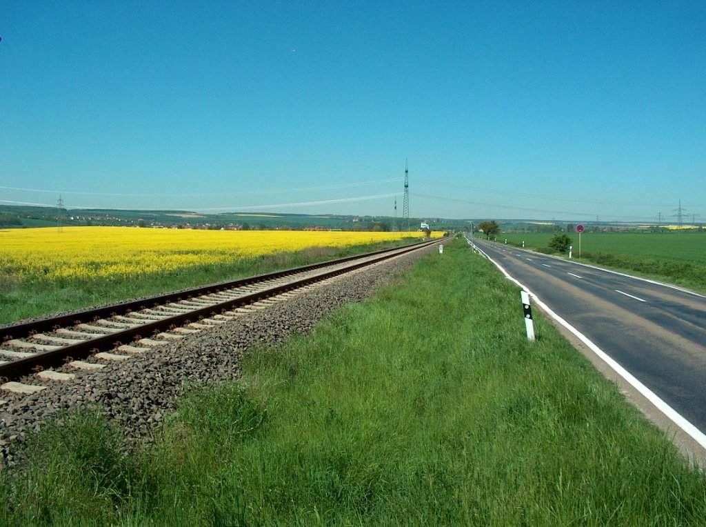 Die Unstrutbahn verl�uft zwischen Karsdorf und dem Bf Vitzenburg parallel zur L213; 10.05.2008