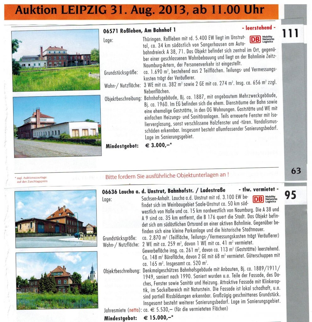Die zu ersteigernden Bahnhofsgeb�ude von Laucha und Ro�leben im SGA AG Katalog.