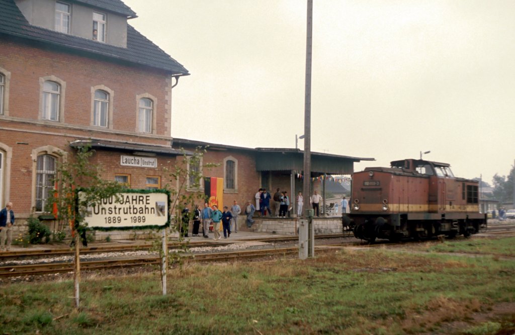 DR 110 059-3 w�hrend dem 100. Geburtstag der Unstrutbahn im Bf Laucha; 01.10.1989 (Foto: Klaus Pollm�cher)