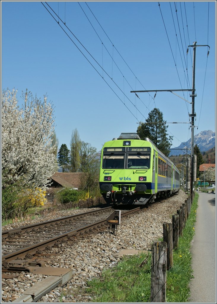 Ein BLS Regionalzug nach Interlaken Ost verlsst Leissigen.
9. April 2011