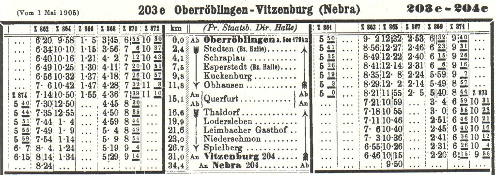 Fahrplanauszug �berr�blingen - Vitzenburg - Nebra vom 01.05.1905. (Archiv: Alberto Brosowsky)