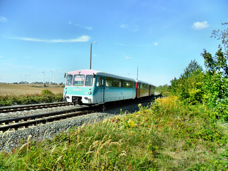  Ferkelei in Teuchern . Am 16.09.2012 waren die Ferkeltaxen 772 155-8 + 972 771-0 + 171 056-5 + 772 367-9 der Traditionsgemeinschaft Ferkeltaxi e.V. als Sonderzug nach Naumburg Ost unterwegs. Der 772 367-9 kam aus Sta�fut, die anderen 3  Ferkel  als Sonderzug zum 120j�hrigen Jubil�um der Naumburger Stra�enbahn und zu unserem 7. Unstrutbahnfest aus Sch�nberg (V).