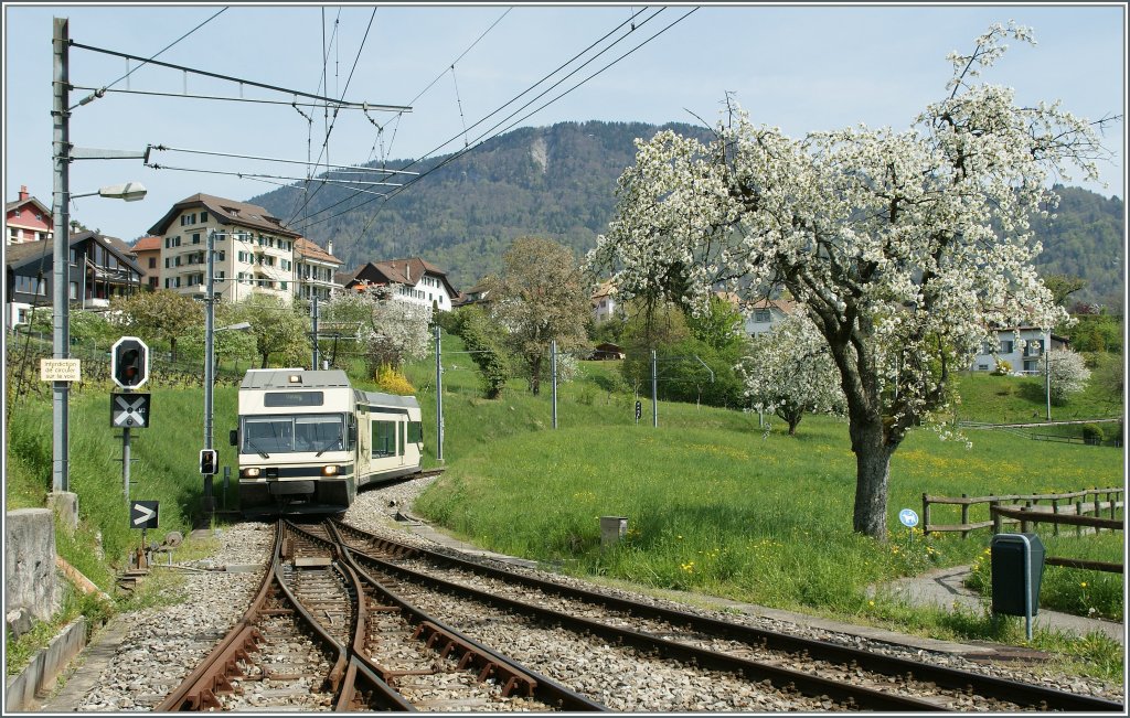 Frhling in St-Lgier Gare. 
Ein CEV GTW von Blonay nach Vevey erreicht den Bahnhof St-Lgier. 
11. April 2011