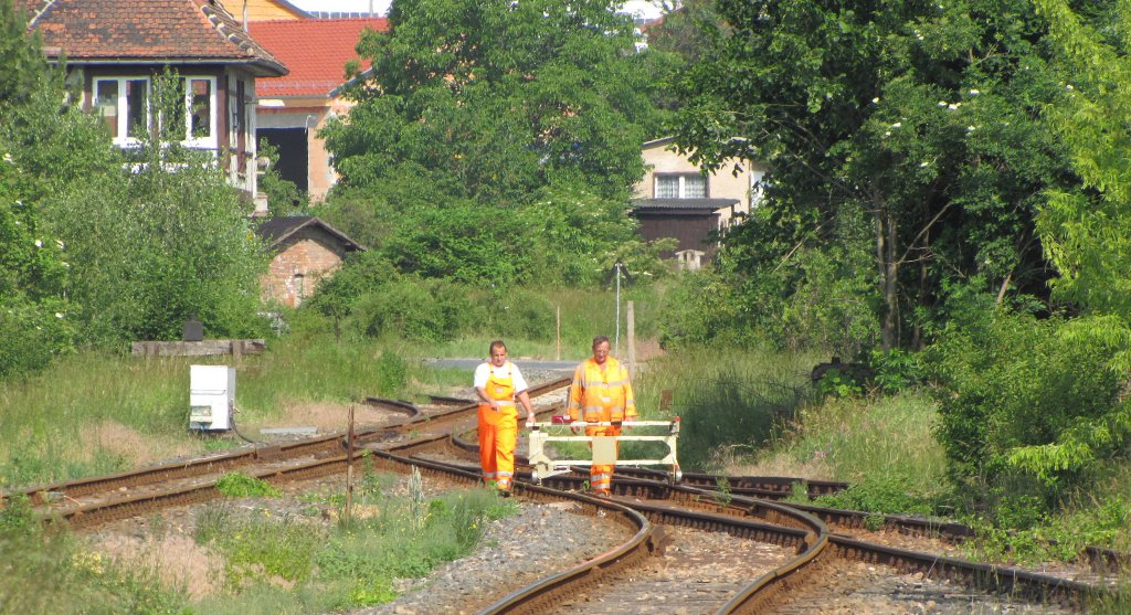 Gleisarbeiter mit einem Nivellierger�t im Bf Laucha; 09.06.2011