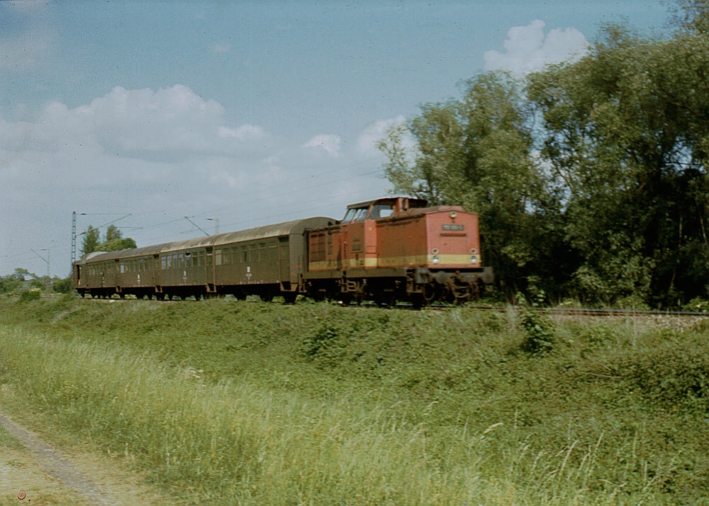 Im Sommer 1990 konnte J�rg Berthold den  Esel  beim Posten 15 in Naumburg ablichten. Es war eine Zugleistung von Zeitz �ber Teuchern, Naumburg und Gro�heringen nach Strau�furt. Es wurde mit Naumburger Wagen und Loks gefahren. Esel deswegen, weil die DR 110 100-5 sich aus Naumburg Richtung Bad K�sen so qu�lte auf 90 km/h zu kommen, da� es klang wie ein Esel... 