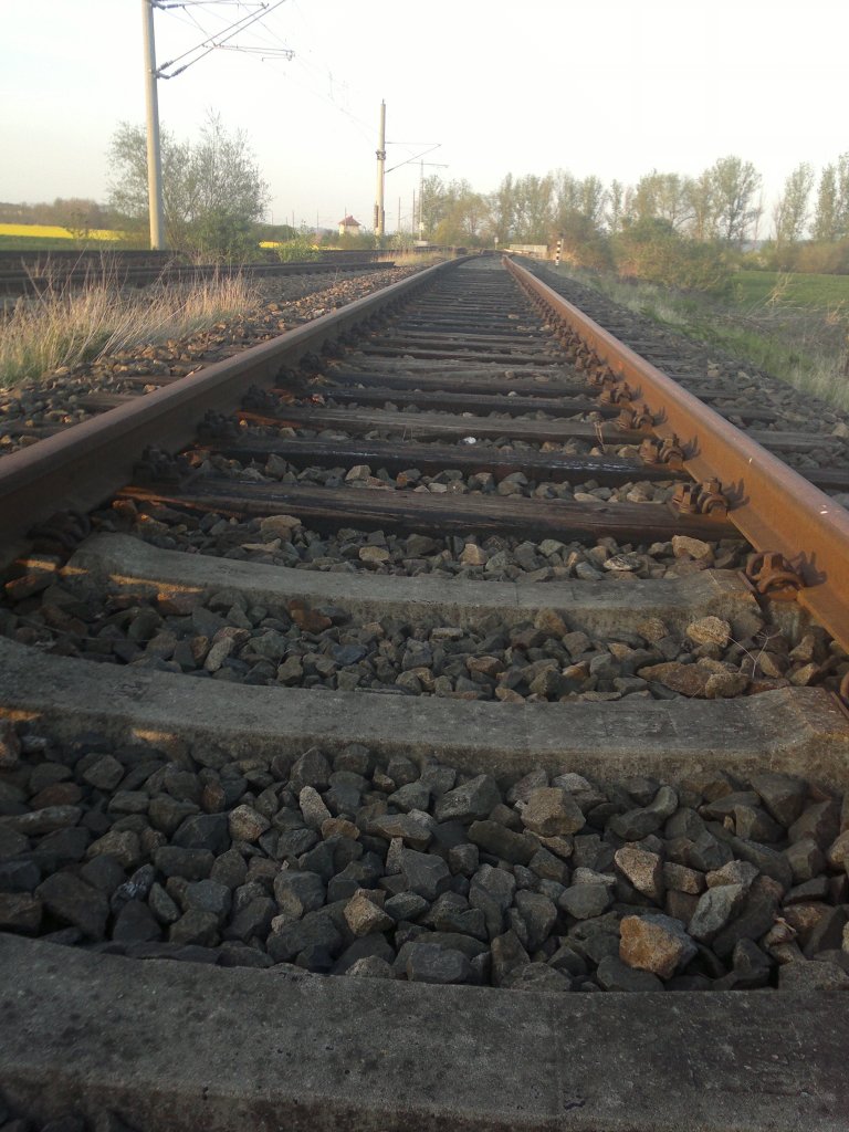In Reinsdorf (b Artern) wechseln sich auf dem Unstrutbahngleis in Fahrtrichtung Artern Holz- und Betonschwellen ab; 28.04.2012 (Foto: Michael Rathmann)