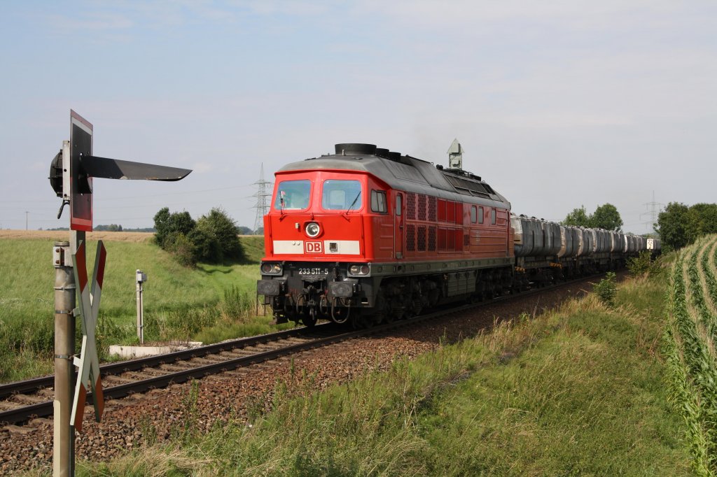 Kurz nachdem sich die lstigen Regenwolken in Sdbayern verzogen haben, konnte die neue Mhldorfer Stammlok 233 511-5 mit einem Ganzzug Kalkkbelwagen bei Markt Schwaben fotografiert werden (07.08.10).