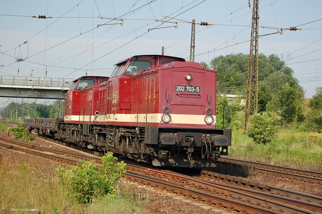 LEG 202 703 + 202 327 mit Flachwagen Richtung Gro�korbetha, in Naumburg Hbf; 09.06.2011 (Foto: Dampflok015)