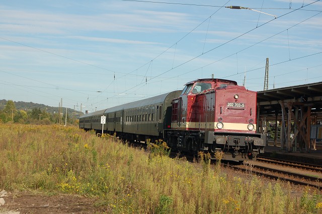 LEG 202 703-5 wartet in Naumburg Hbf mit dem Leerzug auf die R�ckfahrt nach Freyburg; 03.10.2010 (Foto: Dampflok015)