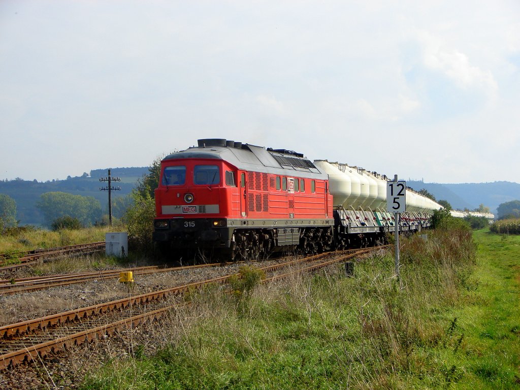 MEG 315 (92 80 1232 489-5 D-MEG) mit einem Leerzementzug nach Karsdorf, bei der Einfahrt in den Bf Laucha; 07.10.2007 (Foto: Dieter Thomas)