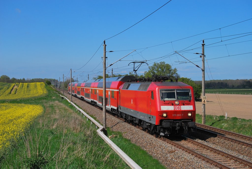 Mit dem RE 1 nach Hamburg rauscht die 120 202 am 04.05.2011 durch Benitz ihrem nchsten Halt Schwaan entgegen.