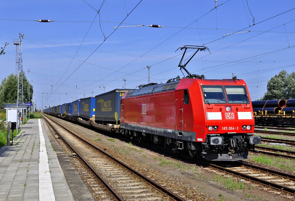 Mit dem TEC 42155 steht die 185 064 am 21.08.2011 in Rostock-Seehafen.