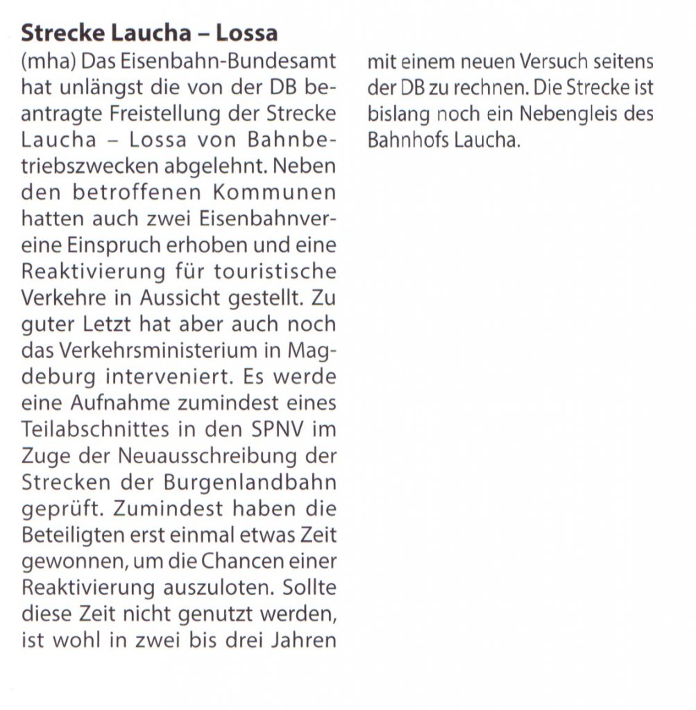 Neuigkeiten von der  Finnebahn  von Laucha nach Lossa. Quelle: Bahnreport 03/2013