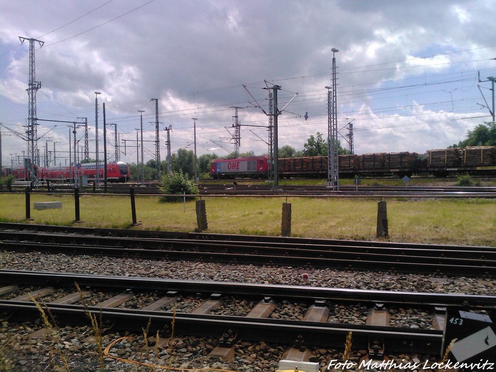 OHE 270081 mit einem Holzzug mit Ziel Stendal beim Durchfahren des Bahnhofs Rostock Hbf am 22.6.13