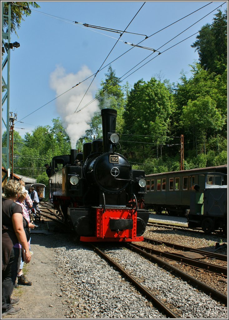 Platz da, jetzt komm ich! Beeindruckt machen die Besucher der Dampflok den Weg frei.
(27.05.2012)