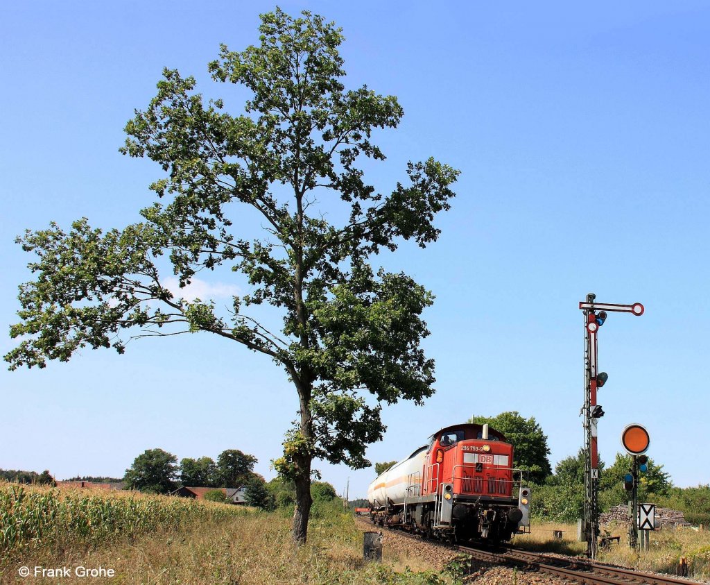 Railion DB Logistics 294 753-9 fhrt nach Bedienen des Anschlusses in Freihls wieder als bergabe 56925 zurck nach Schwandorf, KBS 870 Nrnberg - Schwandorf, fotografiert bei der Ausfahrt Freihls am 23.08.2012 --> Auf speziellen Wunsch von Armin dieses schon auf der Hauptseite eingestellte Foto hier nochmals mit komplettem Baum! Ich bin gespannt darauf, welches besser gefllt!