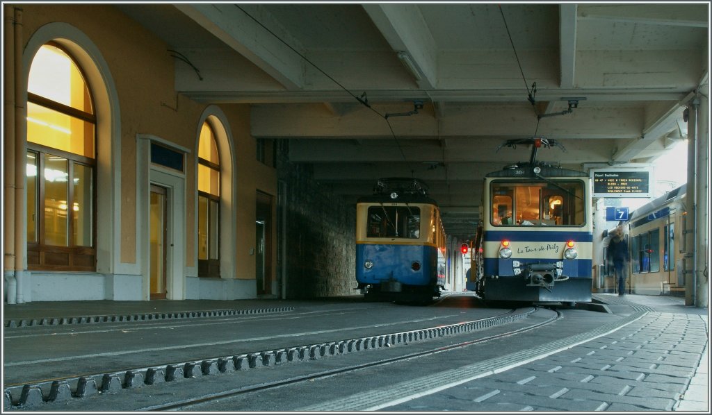 Rochers de Naye Bahn Triebfahrzeuge zweier Generationen in Montreux.
12.01.2012