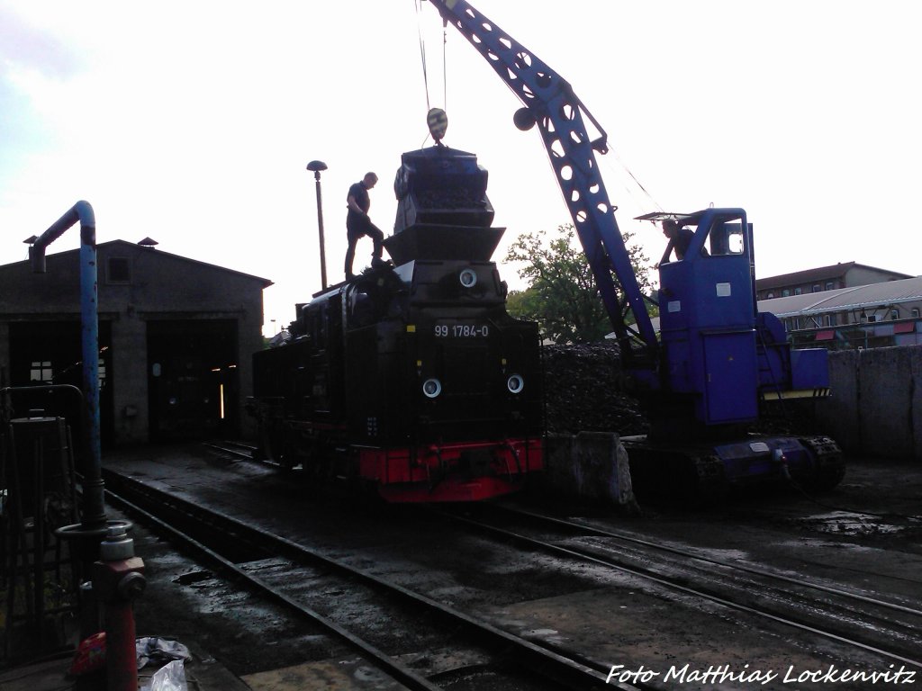 RBB 99 1784 beim Kohle Bunkern im Kleinbahn BW Putbus am 17.6.13