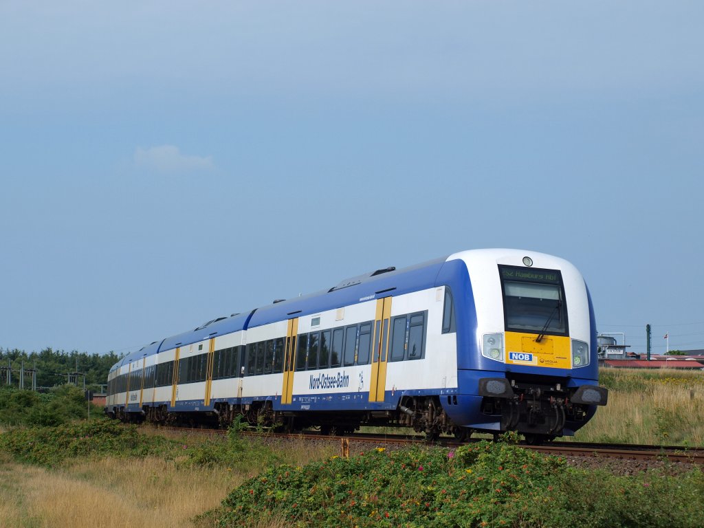 Steuerwagen vorraus fuhr NOB 80595 nach Hamburg HBF durch Morsum auf den Damm und fhrt nun ohne zwischenhalt bis Niebll durch am 14.8.