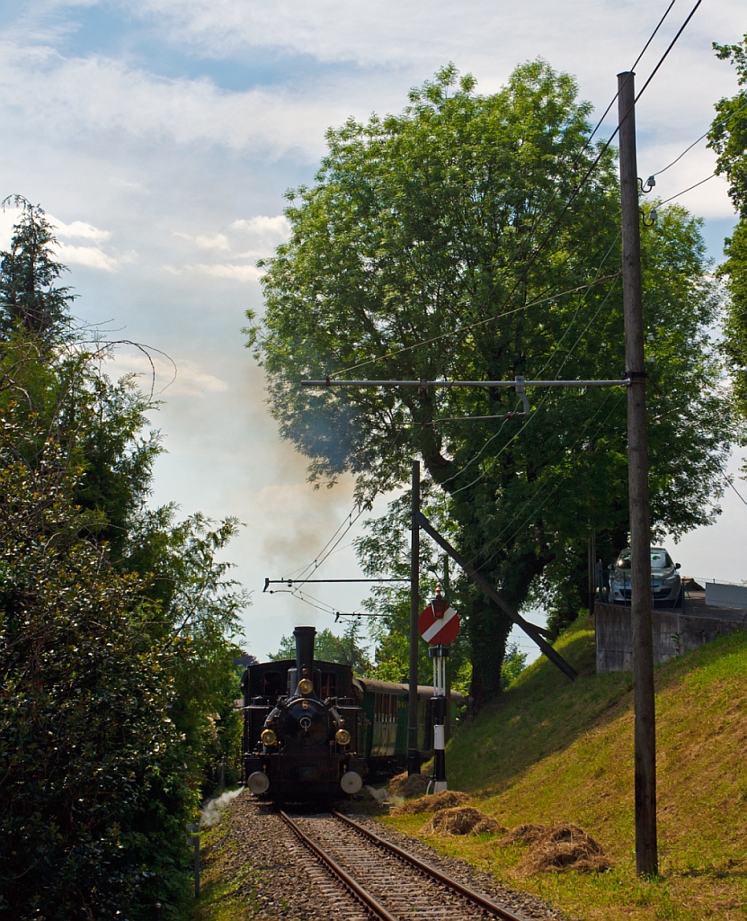 Und hier mein Bild, gleiche Zeit (am 27.05.2012) nur ein paar Meter weiter hinten von der anderen Gleisseite - Die G 3/3 Dampftenderlokomotiven BAM Nr. 6 zieht ihren Museumszug vorbei an der Hippschen Wendescheibe in Richtung Chalin.