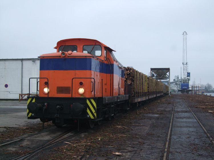 V60 vom Rostocker Frach und Fischereihafen steht mit dem Holzzug von Rostock-Bramow Richtung Stendal-Niedergrne am Pier.