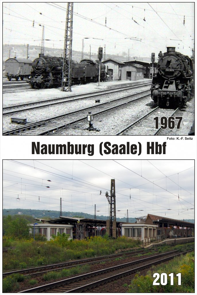 Vergleichsbild von den den heutigen modernisierten Bahnsteig 2 und 3 und den unmodernisierten Bahnsteig 4 und 5 der Burgenlandbahn und der Verst�rkerz�ge nach und aus Halle in Naumburg Hbf. Danke an Karl-Friedrich Seitz f�r das Bild aus dem Jahr 1967. 