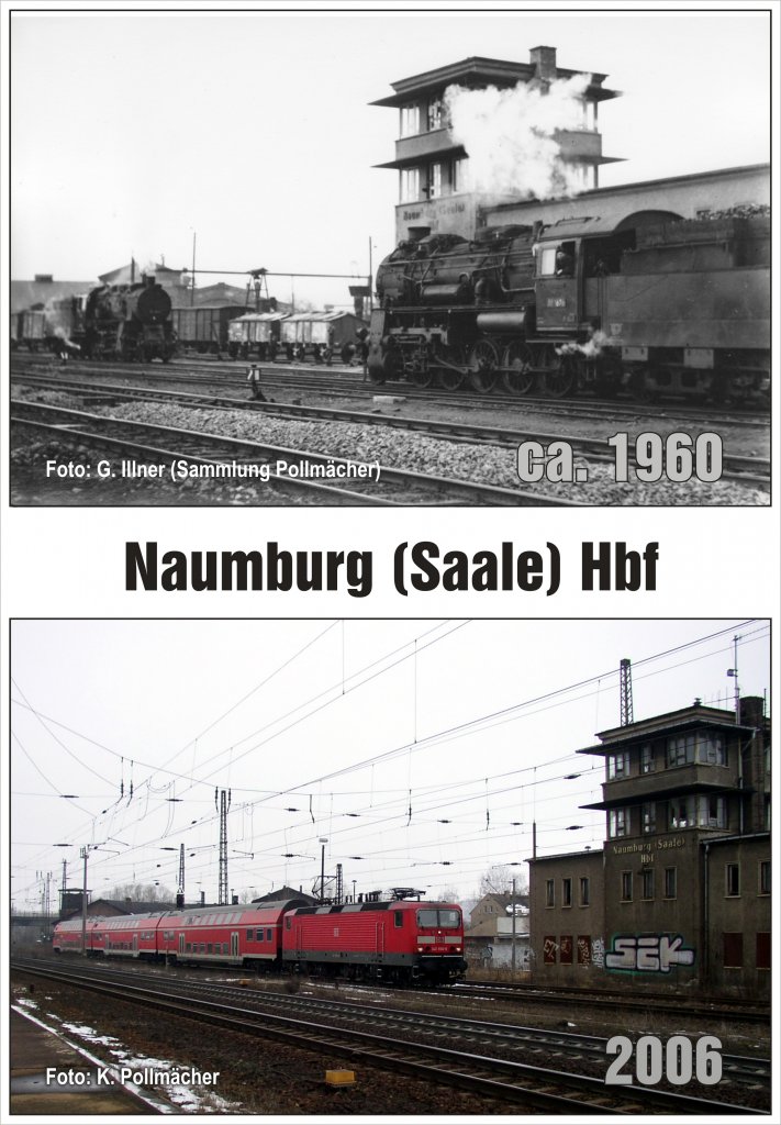 Vergleichsbild vom Stellwerk B2 und W2 in Naumburg Hbf. Die Zeit, in der die 58 1676 beim Bw Wei�enfels war (1957 bis 1965), habe ich Stationierungsverzeichnissen entnommen. 1967 wurde im Abschnitt Wei�enfels - Camburg der elektrische Betrieb wieder aufgenommen. Das Foto von Gerhard Illner muss also dazwischen aufgenommen worden sein. Die linke Maschine ist vermutlich eine 56er (schmalerer Schornstein, 4 gekuppelte Achsen). (Foto: Klaus Pollm�cher)
