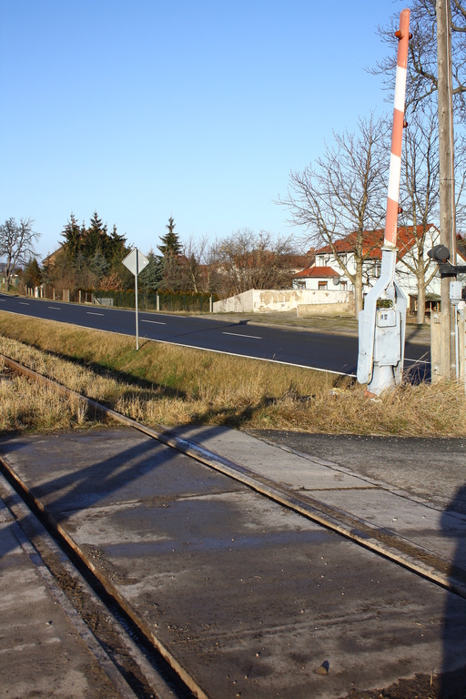 Vermutlich hat die DRE den Bahn�bergang an einem Feldweg in Nausitz vom Bewuchs gereinigt; 14.01.2012. (Foto: Michael Rathmann)