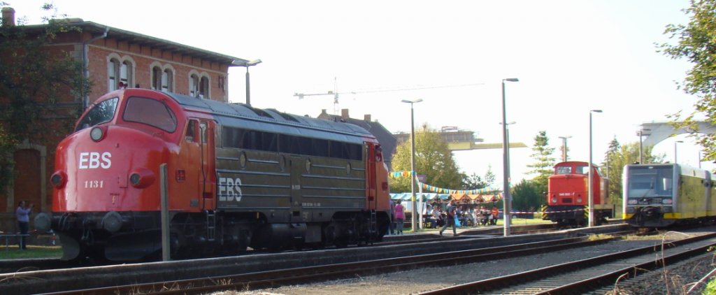 Volles Haus im Bf Karsdorf w�hrend unserem 6. und gleichzeit letzten Dampflokfest an diesem Standort. Die EBS Loks MY 1131 und 346 502-7 konnten bei F�hrerstandsmitfahrten  live erfahren  werden. Rechts die RB 34822 von Naumburg Ost nach Wangen; 25.09.2011 (Foto: G�nther G�bel)