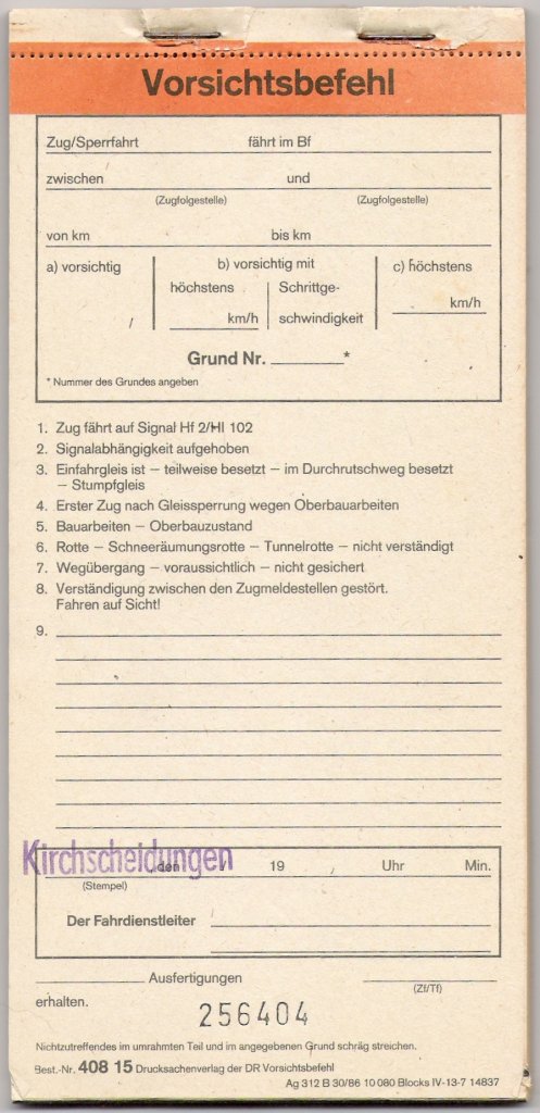 Vorsichtsbefehl aus Reichsbahnzeiten vom Bf Kirchscheidungen. (Sammlung: Familie Klier)