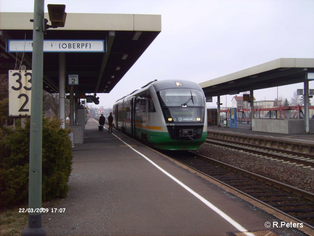 VT20 hat Wiesau/Oberpfalz mit der VBG86563 nach Regensburg erreicht. 22.03.09
