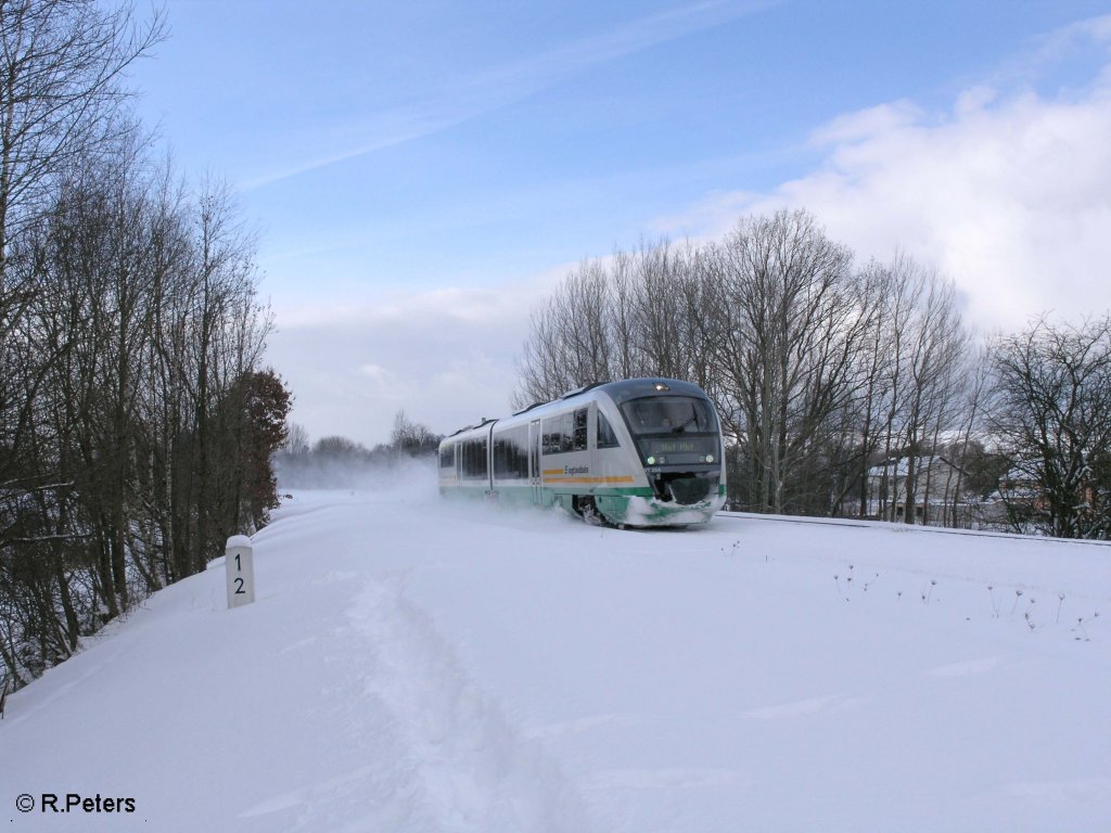 VT25 rollt bei Schnfeld in Richtung Hof als VBG81910 von Schwandorf - Hof. 02.02.10