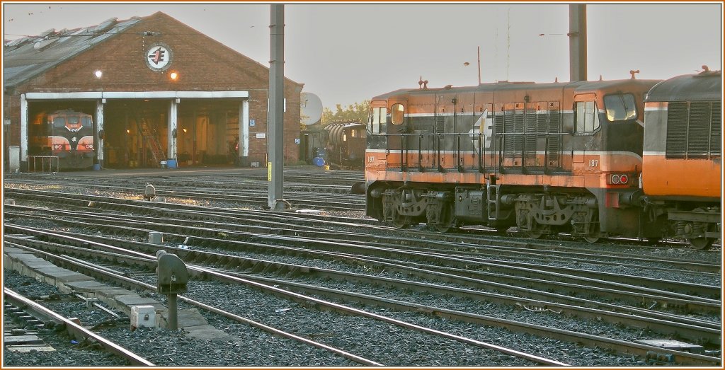 Whrend die vierachsige BB 187 im Bahnhofsvorfeld von Dublin Connolly steht, wartet im Depot die sechsachsige CC 073. 
3. Okt. 2006