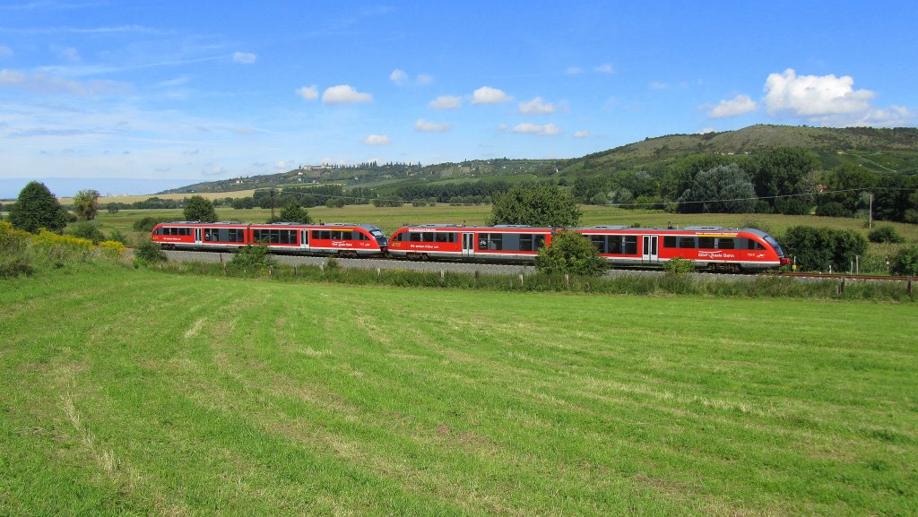 Wegen dem allj�hrlichen Winzerfest in Freyburg setzte die Burgenlandbahn an diesem Wochenende wieder Triebz�ge der BR 672 von der Elbe-Saale-Bahn ein. Hier unterwegs als RB 25974 von Naumburg (S) Ost nach Nebra, am Hohn bei Laucha; 11.09.2010 (Foto: Dieter Thomas)