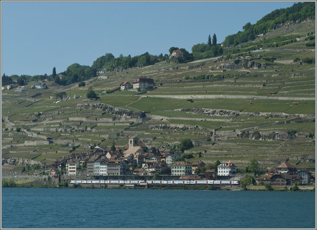 Zwei RABe 511 auf ihrer Fahrt von Genve nach Vevey kurz vor dem Ziel bei St-Saphorin. 
6. Juni 2013