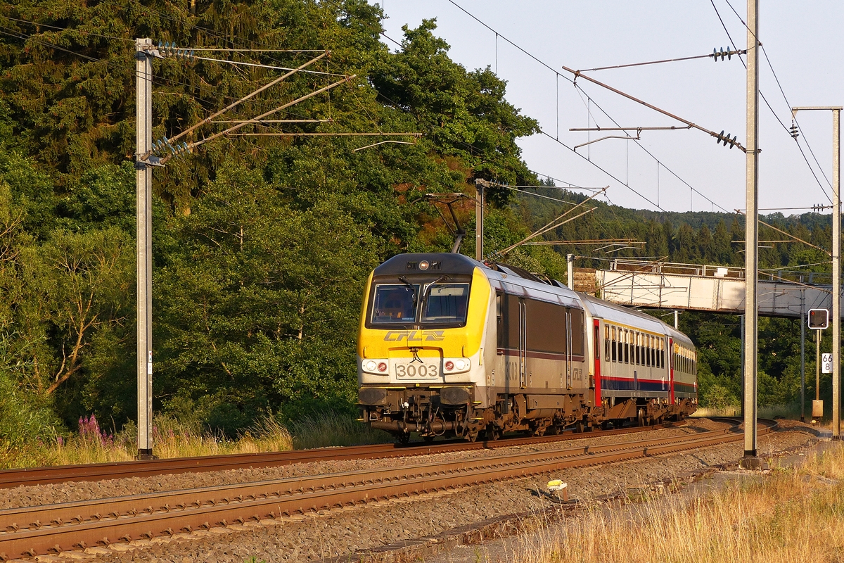 . Die 3003 zieht den IC 121 Luxembourg - Liers im milden Abendlicht des 16.07.2015 ber die Nordstrecke zwischen Lellingen und Wilwerwiltz. (Jeanny)