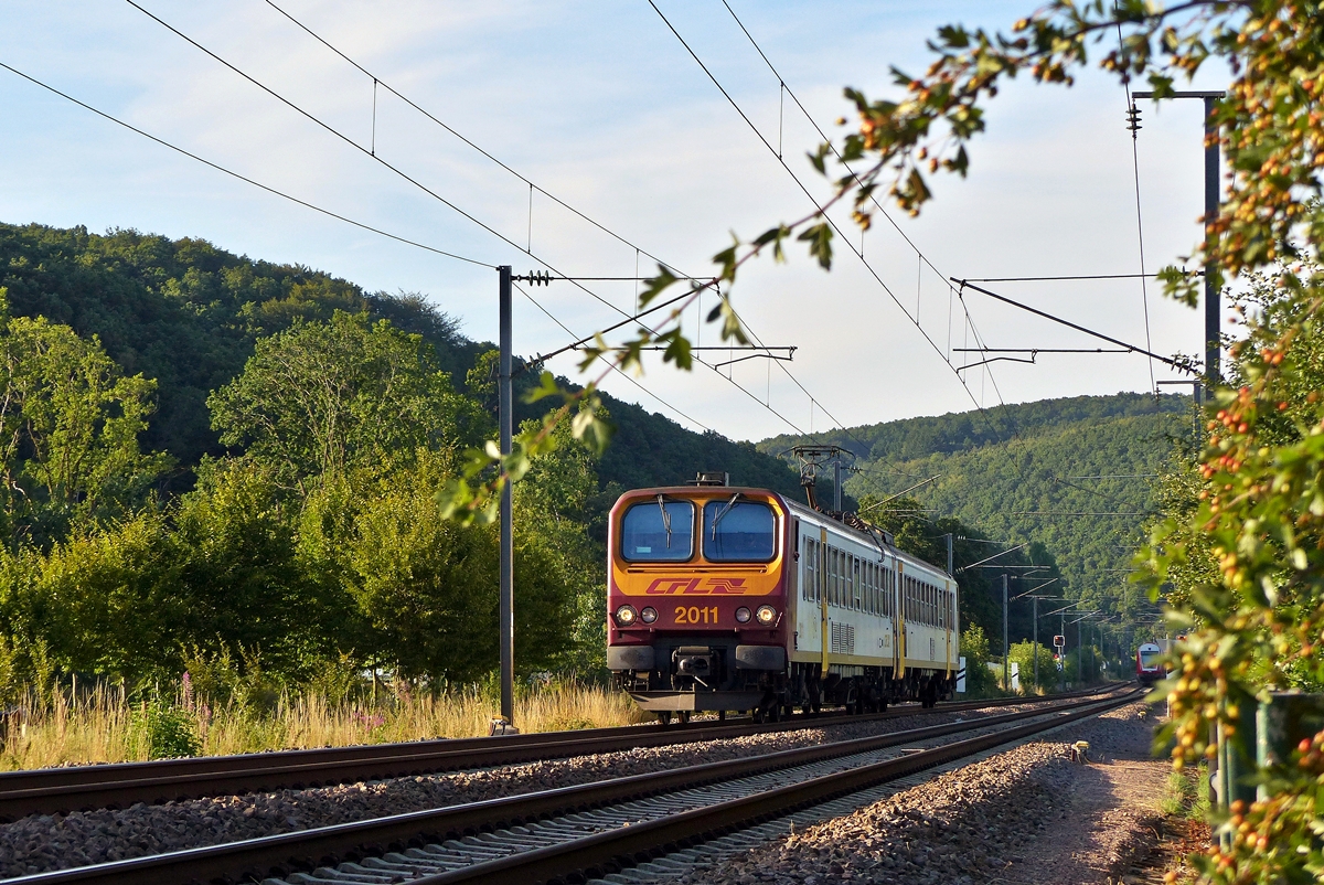 . Die Fotostelle am ehemaligen Bahnbergang in Erpeldange/Ettelbrck wchst langsam, aber sicher zu - Im warmen Abendlicht des 03.08.2015 fhrt der Triebzug Z 2011 als RE 3743 Troisvierges - Luxembourg durch das beschauliche Sauertal in der Nhe von Erpeldange dem Bahnhof von Ettelbrck entgegen. (Jeanny)