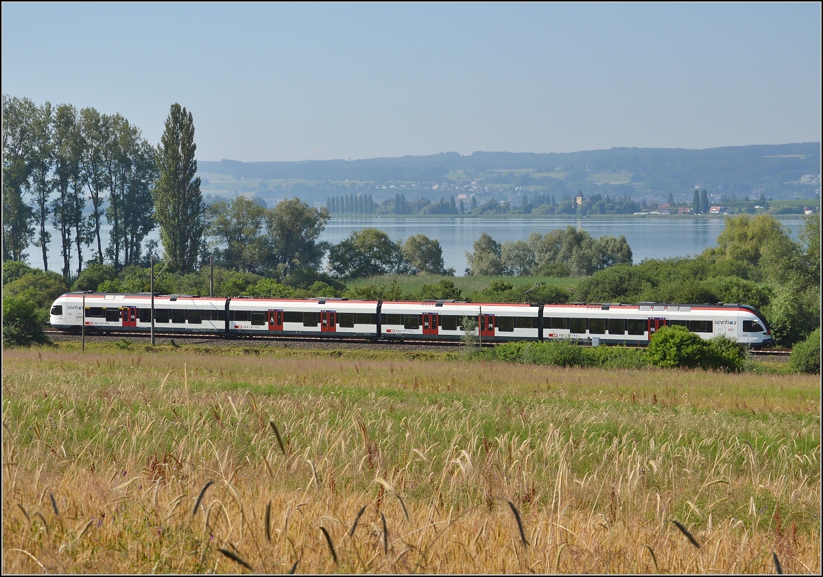 10 Jahre Seehas mit der SBB.

Ein Sommerbild mit Seehas. Im Hintergrund ist der Turm von St. Georg auf der Reichenau zu sehen, Teil des UNESCO-Weltkulturerbes. Allensbach, Juli 2015.