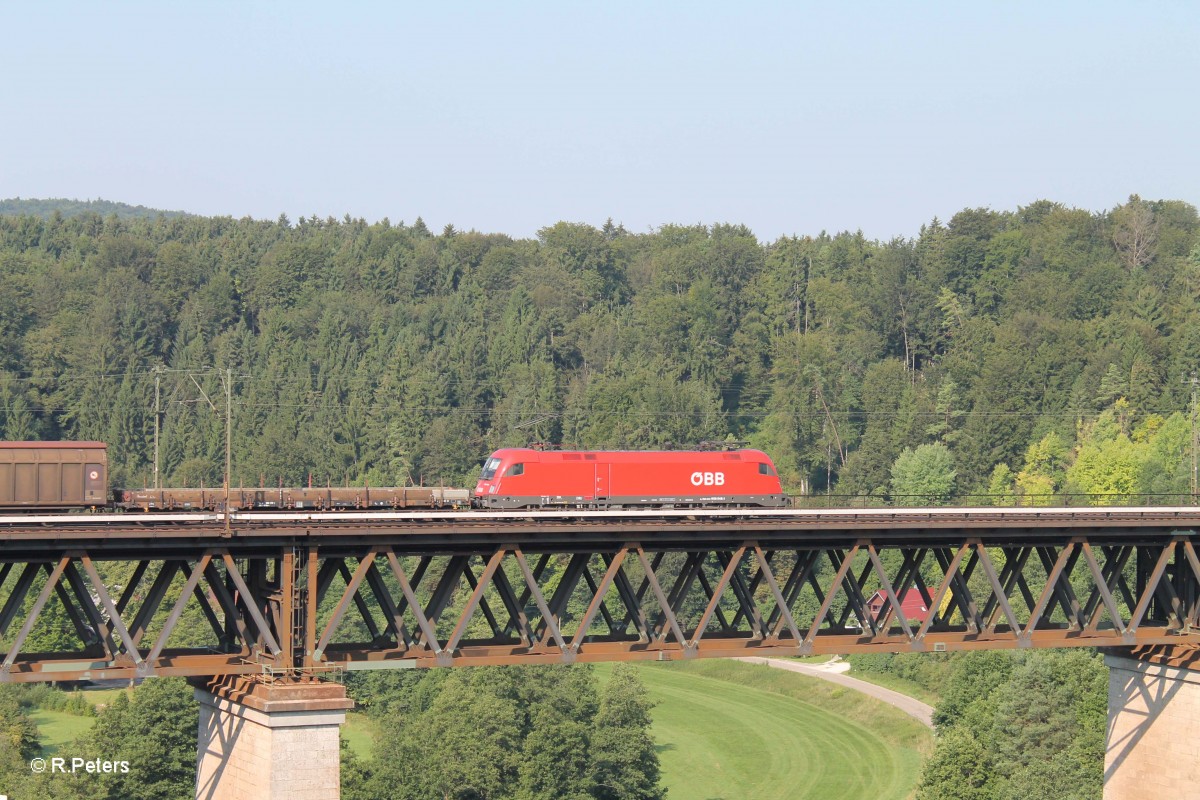 1016 048-1 überquert das Viadukt bei Beratzhausen mit einem gemischten Güterzug. 25.07.14