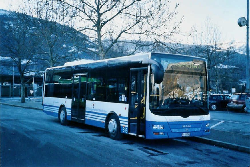 (102'636) - BSW Sargans - Nr. 315/SG 297'505 - MAN am 29. Dezember 2007 beim Bahnhof Sargans