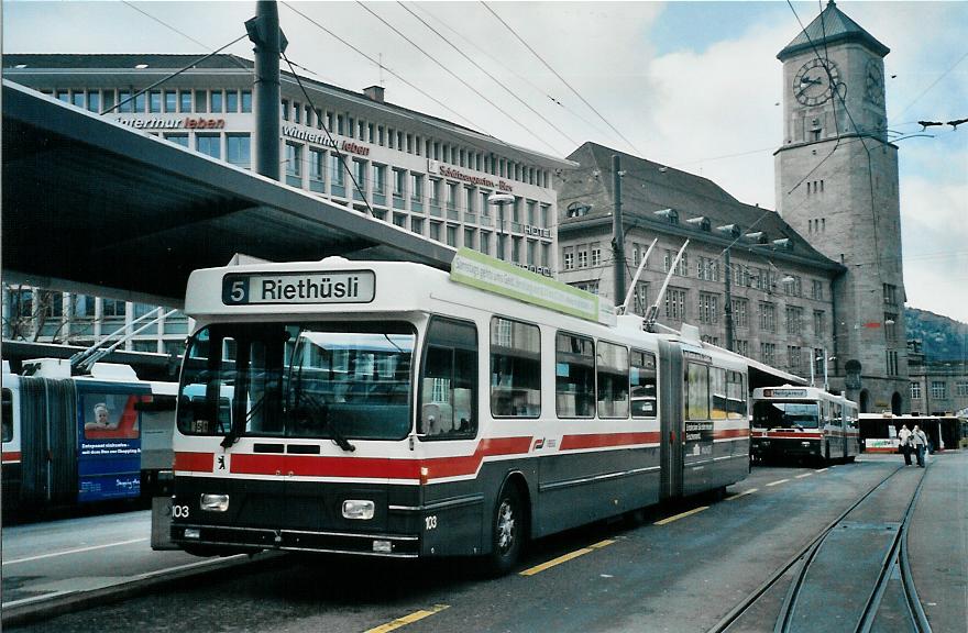 (105'825) - VBSG St. Gallen - Nr. 103 - Saurer/Hess Gelenktrolleybus am 29. Mrz 2008 beim Bahnhof St. Gallen