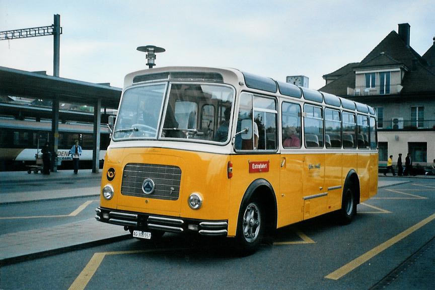 (111'227) - Streiff, Gelterkinden - AG 306'557 - Saurer/Gangloff (ex Oldie-Tours Zrisee, Wollerau; ex OTAG, Wald; ex Leibundgut, Obergoldbach; ex Krebs, Belpberg) am 27. September 2008 beim Bahnhof Spiez