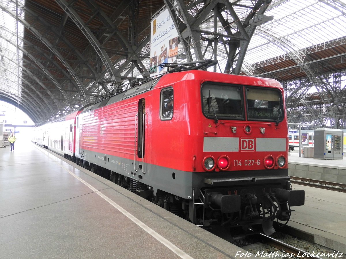 114 027 mit ziel Magdeburg Hbf im Bahnhof Leipzig Hbf am 25.4.16