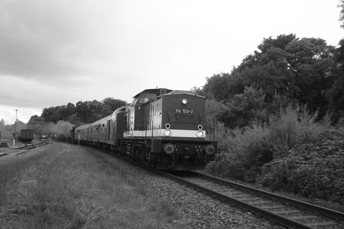 114 703 (203 230) und 86 1744 verlassen Putbus in Richtung Bergen auf Rgen am 1.8.21